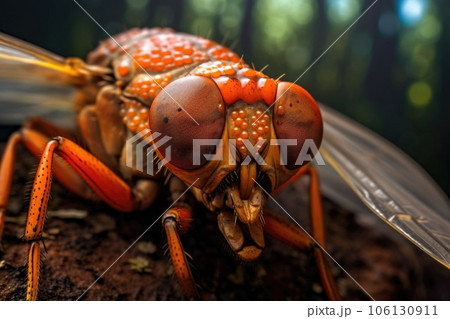 close-up of cicadas compound eyes and intricate wings 106130911