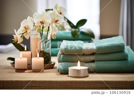 folded towels in a spa-like arrangement with candles 106130916