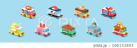 Street Food Trucks and Vehicles Isometric Icons Vector Set 106131693