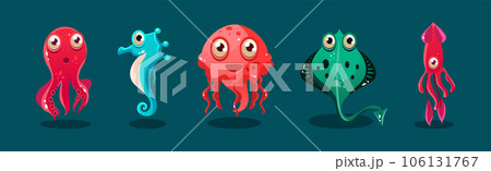 Big Eyed Sea Animal and Marine Creature Vector Set 106131767