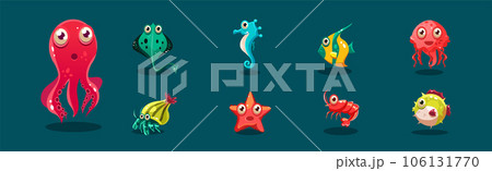 Big Eyed Sea Animal and Marine Creature Vector Set 106131770