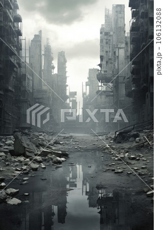 Dramatic view of destroyed building in city with debris and collapsing, Generative AI 106132088