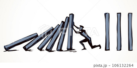 A man stops falling dominoes. Vector drawing 106132264