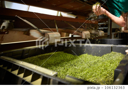 製茶工場で荒茶のふるい分けをする工程 製茶工場で荒茶のふるい分けをする工程 106132363