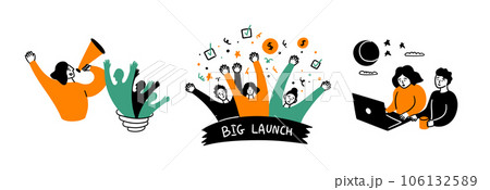 Cartoon Color Teamwork Concept Scene Set Flat Design Style. Vector illustration of Situation Big Launch Team Work and Business Collaboration 106132589
