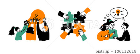 Cartoon Color Teamwork Idea Support Concept Scene Set Flat Design Style. Vector illustration of Situation Team Work and Business Collaboration 106132619