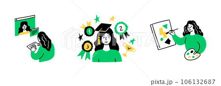 Cartoon Color Educational and Self-Development Concept Scenes Set Flat Design Style Girl Draws a Picture. Vector illustration of Situation Education Process Cartoon Color Educational and Self-Development Concept Scenes Set Flat Design Style Girl Draws a Picture. Vector illustration of Situation Education Process 106132687