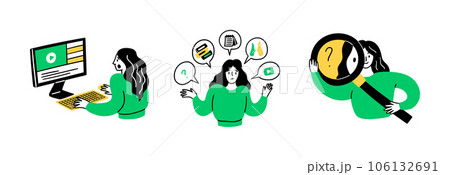Cartoon Color Educational and Self-Development Concept Scenes Set Flat Design Style Girl and Magnifier . Vector illustration of Situation Education Process Cartoon Color Educational and Self-Development Concept Scenes Set Flat Design Style Girl and Magnifier . Vector illustration of Situation Education Process 106132691