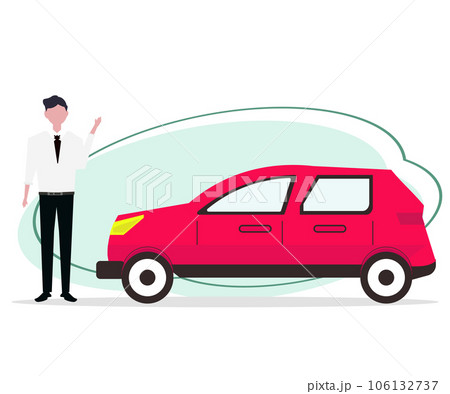 車のディーラー。車の販売店で仕事をするスーツを着たビジネスマンの男性。ベクターイラスト 車のディーラー。車の販売店で仕事をするスーツを着たビジネスマンの男性。ベクターイラスト 106132737