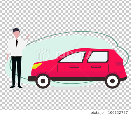 車のディーラー。車の販売店で仕事をするスーツを着たビジネスマンの男性。ベクターイラスト 車のディーラー。車の販売店で仕事をするスーツを着たビジネスマンの男性。ベクターイラスト 106132737
