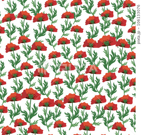Summer seamless pattern with bright red poppy flowers and poppy pods. Field, meadow of poppies 106133076