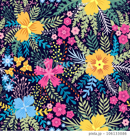 Fairy meadow with flowers seamless pattern. Cute feminine design 106133086