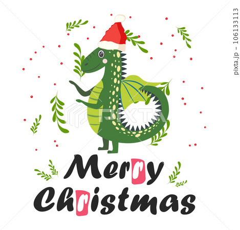 Christmas card with cute green dragon. Year of the Dragon 2024, China Christmas card with cute green dragon. Year of the Dragon 2024, China 106133113