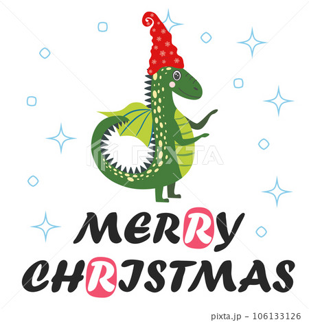 Christmas card with cute green dragon. Year of the Dragon 2024, China Christmas card with cute green dragon. Year of the Dragon 2024, China 106133126
