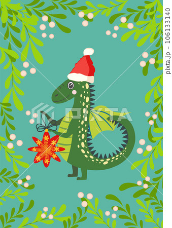 Christmas card with cute green dragon. Year of the Dragon 2024, China 106133140
