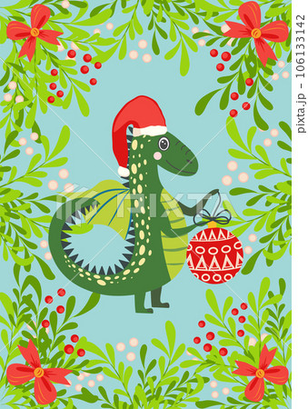 Christmas card with cute green dragon. Year of the Dragon 2024, China 106133142