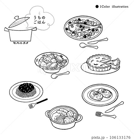 定番ごはんの手描きイラスト-4/モノクロ 106133176