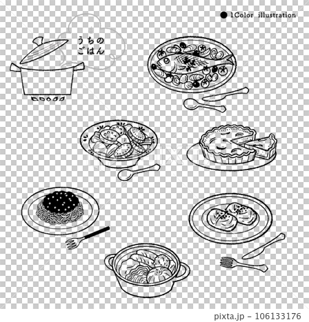 定番ごはんの手描きイラスト-4/モノクロ 106133176