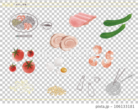 定番おかず-冷やし中華と食材のイラスト 106133181