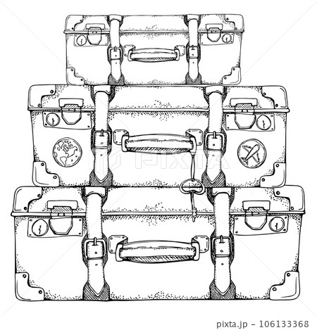 Ink hand drawn vector sketch. Illustration with set of retro vintage old suitcases luggage baggage with stickers and key. Design for tourism, travel, brochure, wedding, guide, print, card, tattoo. Ink hand drawn vector sketch. Illustration with set of retro vintage old suitcases luggage baggage with stickers and key. Design for tourism, travel, brochure, wedding, guide, print, card, tattoo. 106133368