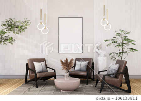 mock up poster frame in modern interior fully furnished rooms background, living room, 106133811