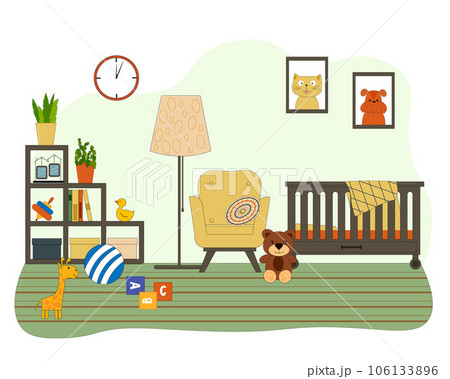 The interior of the room for the child. A bed for a newborn, shelves with toys, a floor lamp and an armchair, plants. The interior of the room for the child. A bed for a newborn, shelves with toys, a floor lamp and an armchair, plants. 106133896