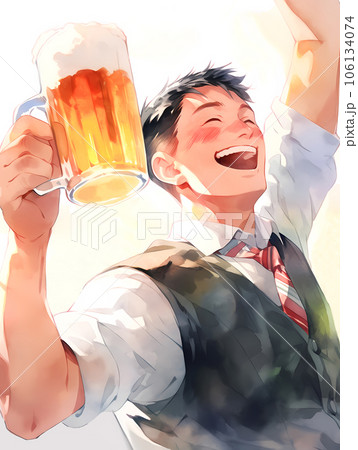 ビールを手に盛り上がっている男性会社員 106134074