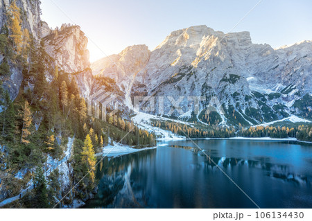 Picturesque landscape with famous lake Braies in autumn Dolomites Picturesque landscape with famous lake Braies in autumn Dolomites 106134430