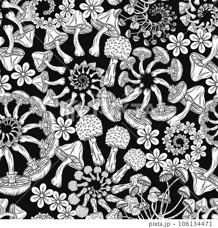 Seamless monochrome pattern with mushrooms,...のイラスト素材