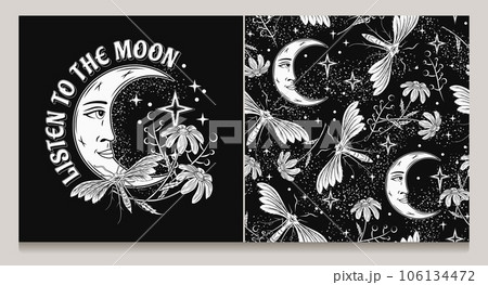 Pattern, label with crescent moon with face, stars, night butterfly, moth, flowers, star dust. Mythological faitytale, mystical concept. For clothing, apparel, T-shirts, kids design 106134472