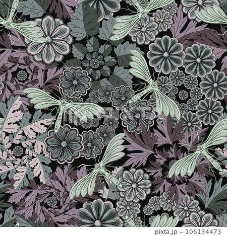 Seamless camouflage pattern with nature elements, chamomile flower, moth, butterfly, forest leaves. Fractal, spiral shapes with elements. For apparel, fabric, textile, sport goods 106134473