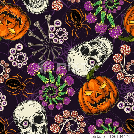 Halloween pattern with human skull, pumpkin head, fractal spirals with lollipop, colorful mushroom fly agaric, eyeballs, bones. Grunge distorted silhouette of spider web with spiders behind. Halloween pattern with human skull, pumpkin head, fractal spirals with lollipop, colorful mushroom fly agaric, eyeballs, bones. Grunge distorted silhouette of spider web with spiders behind. 106134476