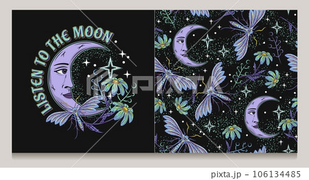 Pattern, label with moon with face stars butterfly 106134485