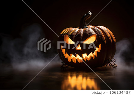 Glowing Grins of Halloween Close-Up View of Scary Pumpkin with Sinister Eyes for Spooky Party Nights. created with Generative AI Glowing Grins of Halloween Close-Up View of Scary Pumpkin with Sinister Eyes for Spooky Party Nights. created with Generative AI 106134487