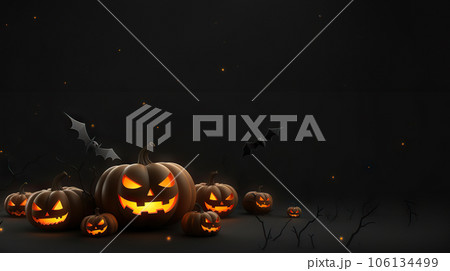 Spooktacular Delights: Happy Halloween Banner with Realistic 3D Black Pumpkins, Cut Scary Smiles, and Flying Bats. created with Generative AI 106134499