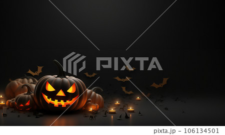 Spooktacular Delights: Happy Halloween Banner with Realistic 3D Black Pumpkins, Cut Scary Smiles, and Flying Bats. created with Generative AI Spooktacular Delights: Happy Halloween Banner with Realistic 3D Black Pumpkins, Cut Scary Smiles, and Flying Bats. created with Generative AI 106134501