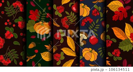 Set of seamless autumn patterns with natural elements on dark background. Set of seamless autumn patterns with natural elements on dark background. 106134511