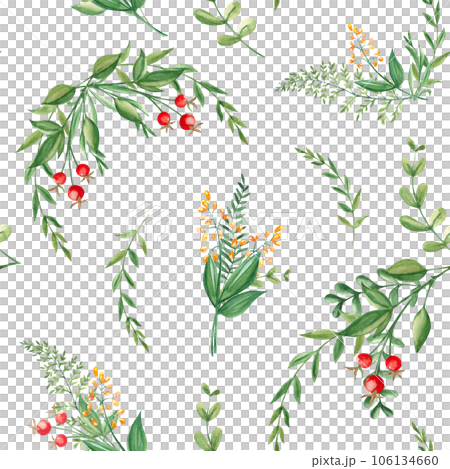 Set of cards, posters templatea with cute mother and baby fox with butterfly, green leaves, red berries, yellow wileflower on watercolor background. Hand drawn kid forest illustration. For invitations 106134660