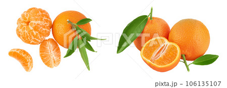 Tangerine or clementine with green leaf isolated on white background with full depth of field. Top view. Flat lay 106135107