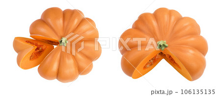 Fresh orange pumpkin isolated on white background with full depth of field. Top view. Flat lay 106135135