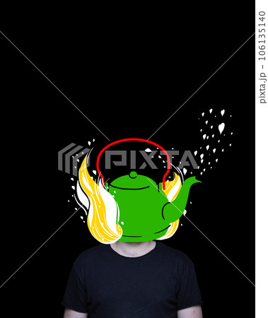 Young guy with burning hot kettle instead head. Stress, depression, deadlines. Contemporary art collage. 106135140