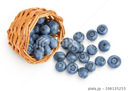 blueberry in wicker basket isolated on white background. Top view. Flat lay. 106135253