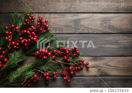 Warm Wishes Merry Christmas Text with Christmas Evergreen Branches and Berries in Corner Over Rustic Wooden Background. created with Generative AI 106135610