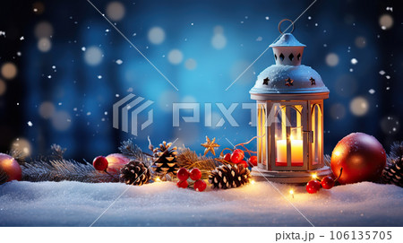 Winter Glow Christmas Lantern on Snowy Table...のイラスト素材