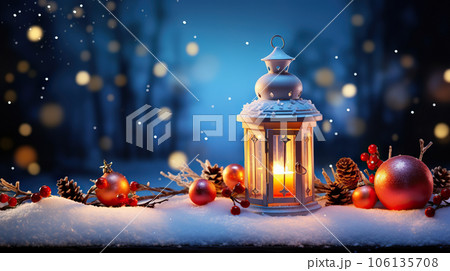 Winter Glow Christmas Lantern on Snowy Table...のイラスト素材