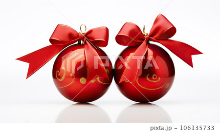 Double Delight Two Red Christmas Decoration Baubles with Ribbon Bow Isolated on White Background. created with Generative AI 106135733
