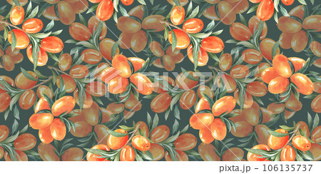 Watercolor sea buck thorn.Seamless pattern watercolor paper, textile, fabric, wrapper, wallpaper. Hand drawn on green background 106135737