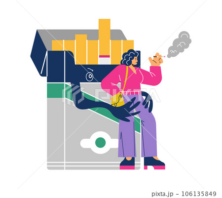 Huge pack of cigarettes hugging smoking woman flat style, vector illustration 106135849