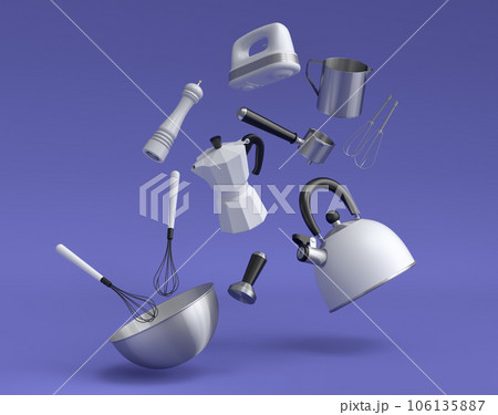 Metal bowl with electric mixer and cookie cutters on violet background 106135887