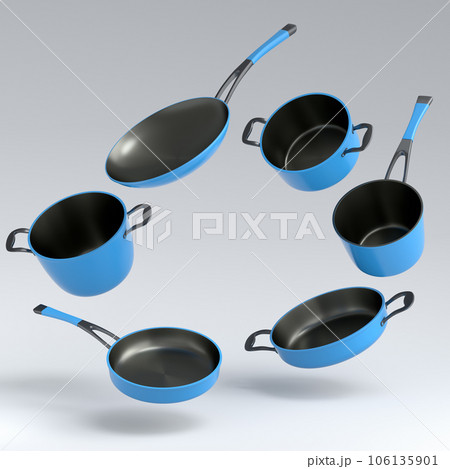 Set of flying stewpot, frying pan and chrome plated cookware on white 106135901